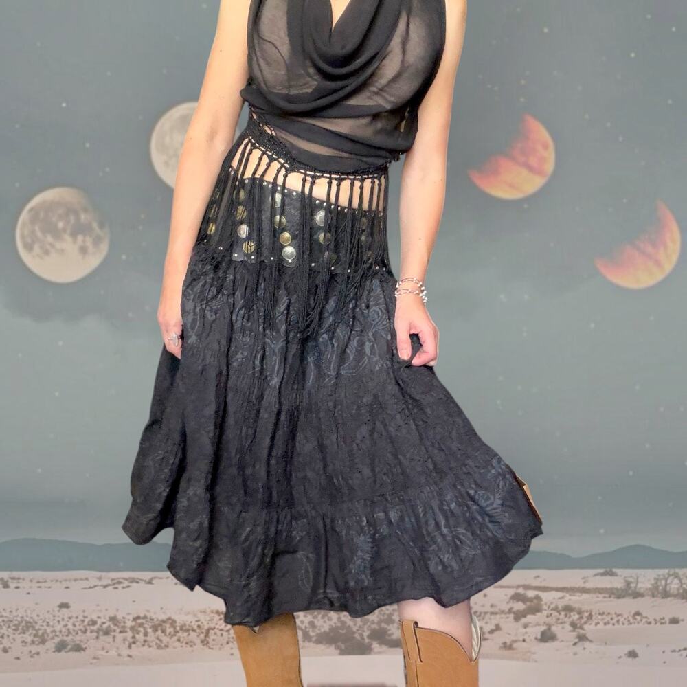 Black Whimsigoth Fringe Midi Skirt Embroidered Boho Fairy Grunge